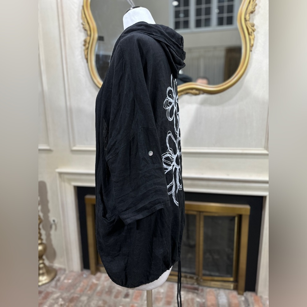 Gigi Moda Italy Linen Hooded Jacket Black Drawstring Hem Floral Back OS - Picture 5 of 15